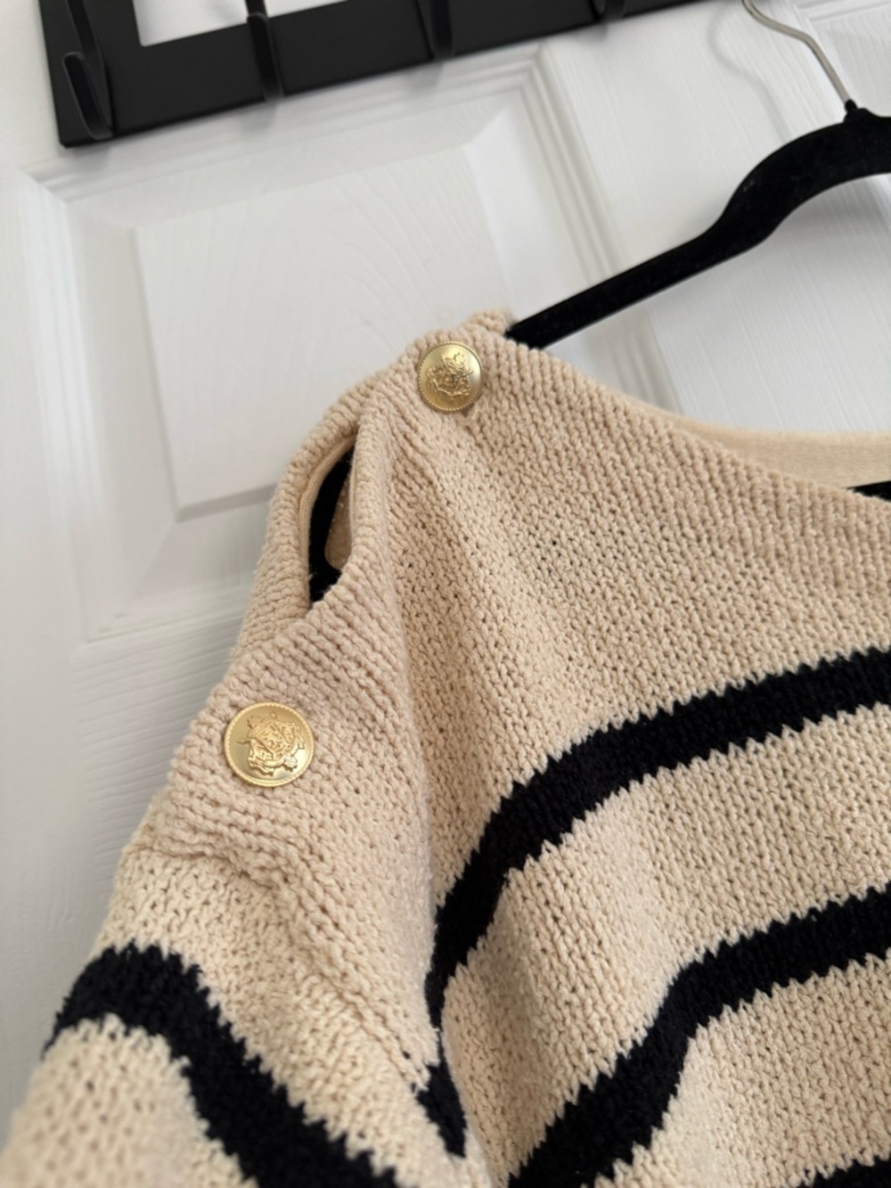 J. Crew Cream and Black Striped Boatneck Sweater with Gold Shoulder Buttons - 3X - Picture 3 of 15